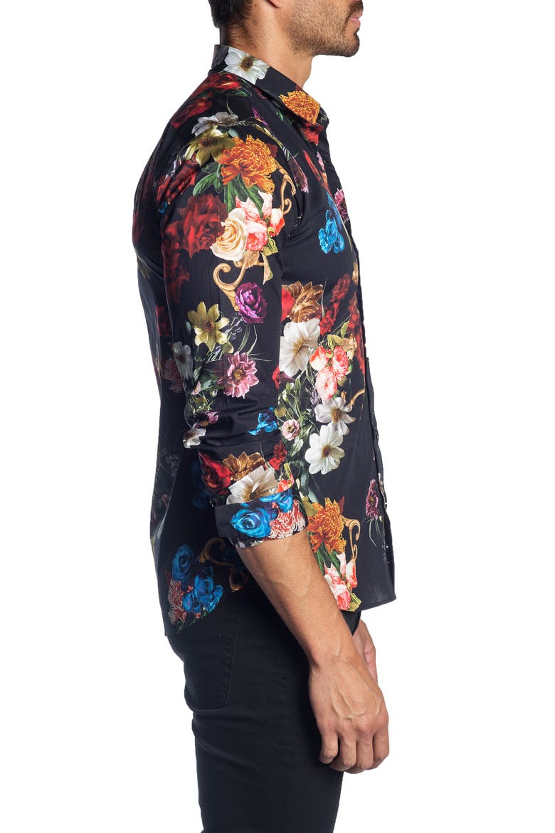 Trim Fit Floral Print Shirt, Alternate, color, BLACK FLORAL PRINT
