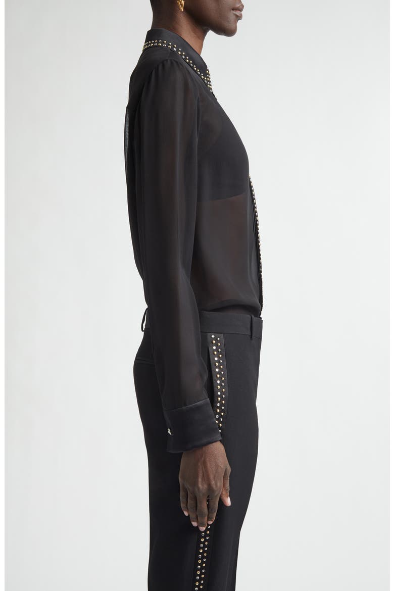 Studded Silk Georgette Button-Up Shirt, Alternate, color, BLACK
