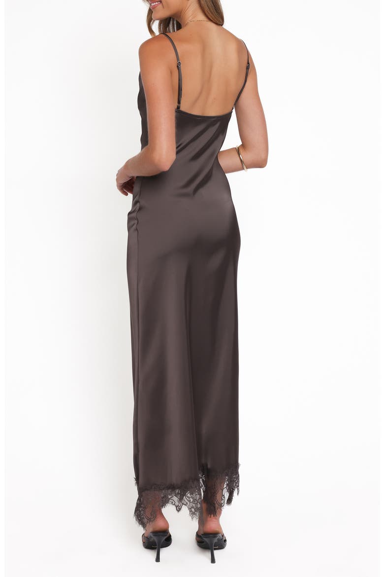 Jeneva Lace Trim Satin Maxi Dress, Alternate, color, BROWN