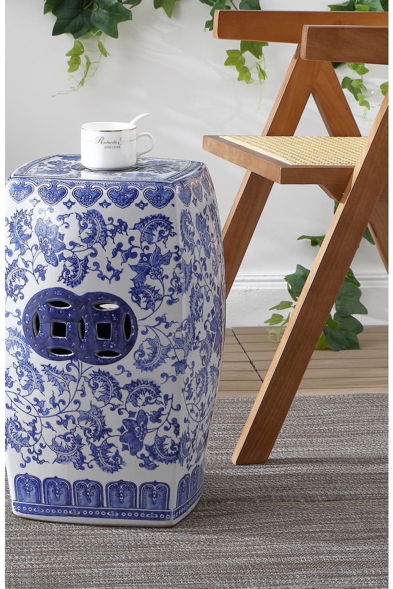 Floral Vine Traditional Floral Chinoiserie Ceramic Drum Garden Stool, Pierced Indoor/Outdoor Patio Seat & Side Table, Alternate, color, Blue/White