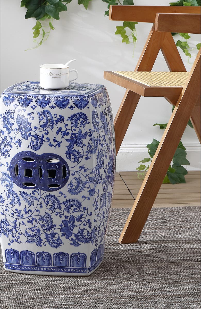 JONATHAN Y Floral Vine 18.5" Chinoiserie Ceramice Square Garden Stool, Alternate, color, Blue/White