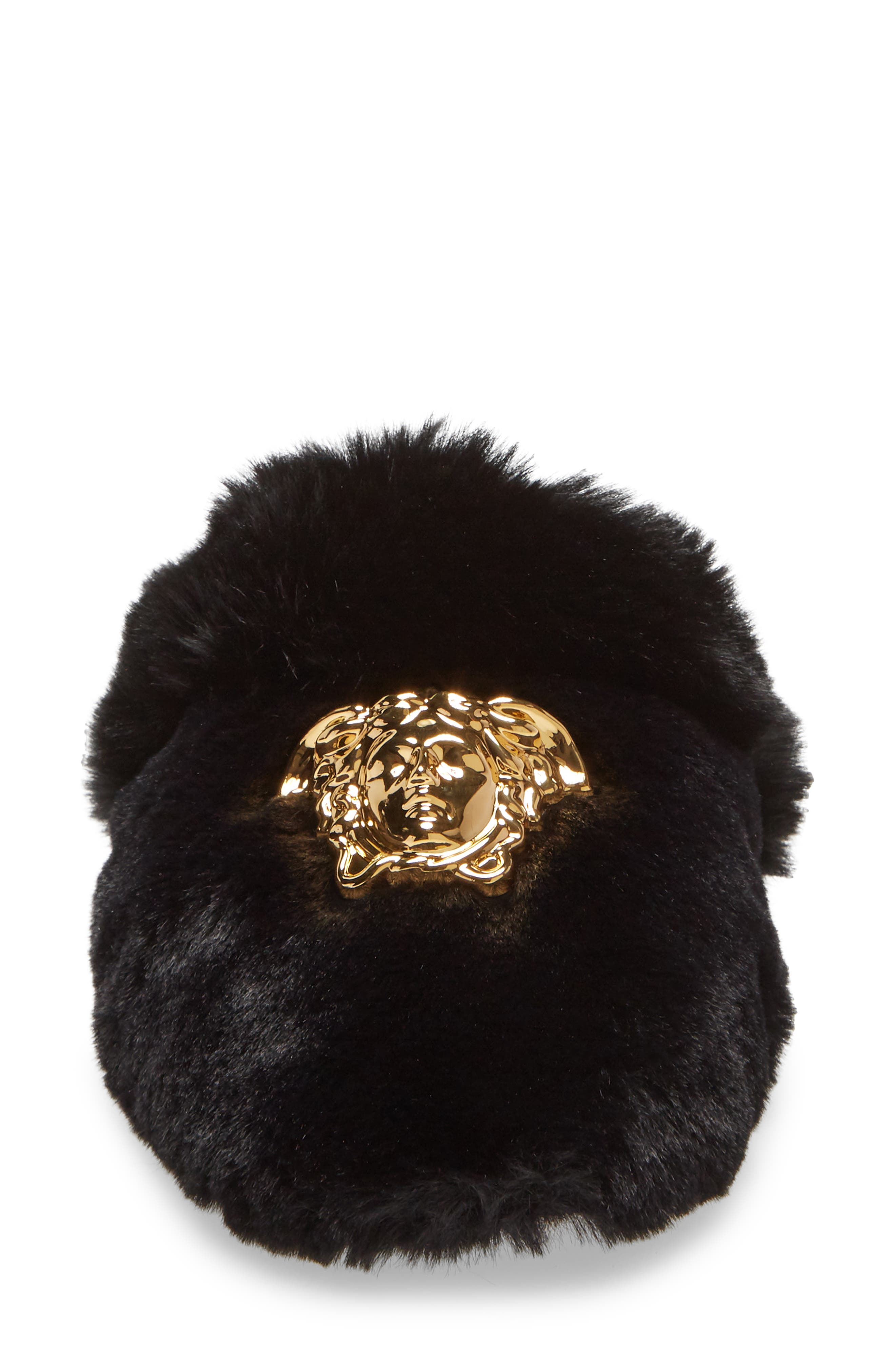 Versace Logomania Faux Fur Slipper, Alternate, color, 