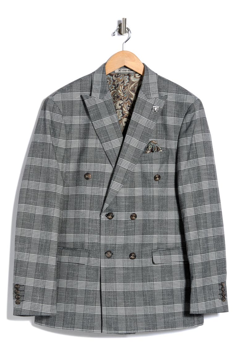 Double Breasted Glen Plaid Sport Coat, Alternate, color, GREY
