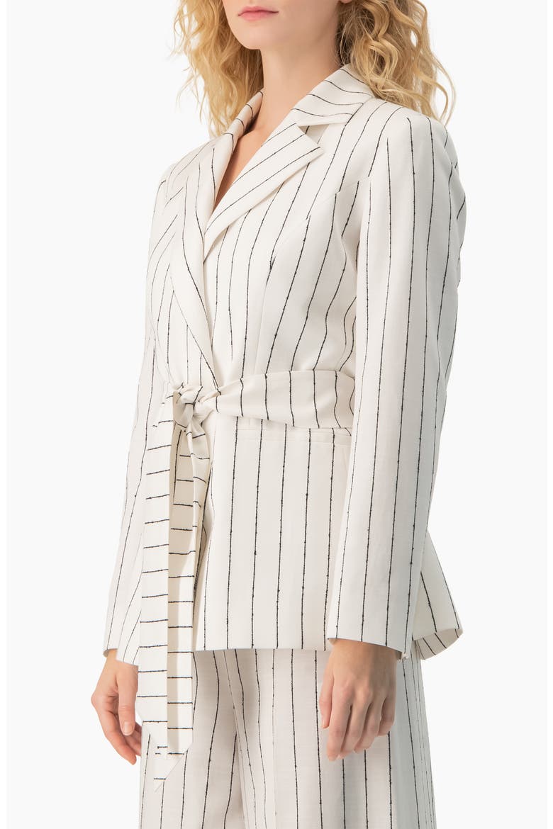 Pinstripe Self-Tie Belted Wrap Tailored Blazer, Alternate, color, White