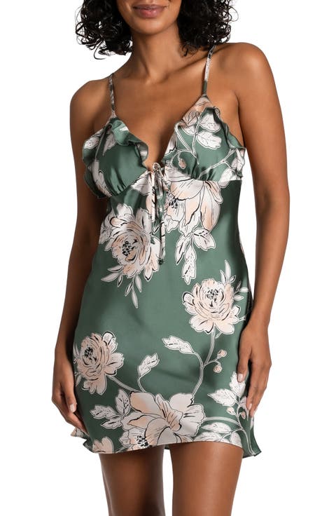 Fiji Floral Print Ruffle Trim Satin Chemise