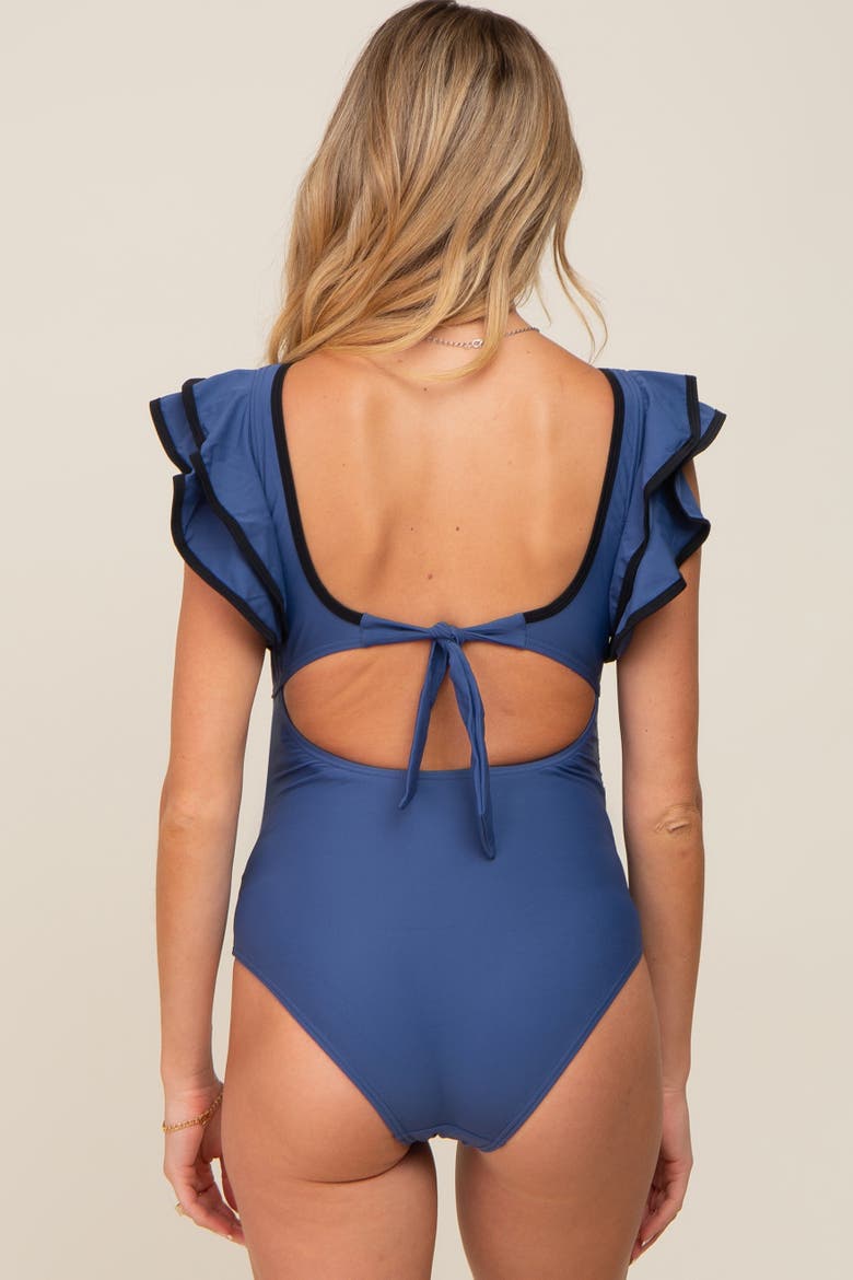 Color Blocked Ruffle Shoulder Cutout Back One Piece Swimsuit, Alternate, color, Blue