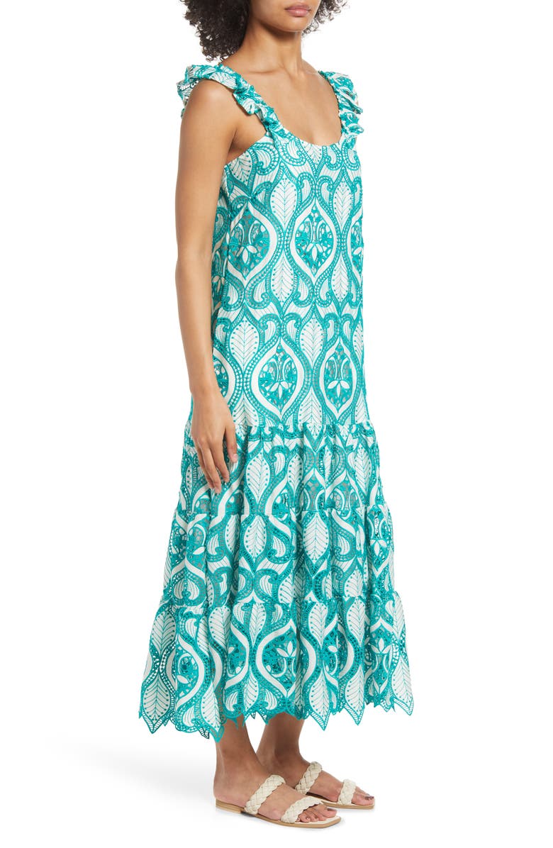 BTFL-life Embroidered Flutter Strap Midi Dress, Alternate, color, Kelly Green/ Off White