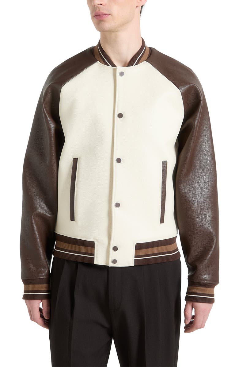 Manière De Voir Guy Contrast Leather Bomber Jacket, Alternate, color, Cream