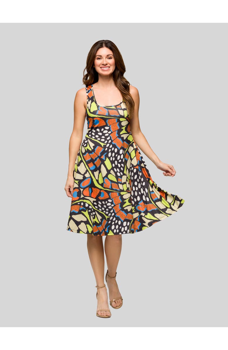 24seven Comfort Apparel Butterfly Print Sleeveless Knee Length Tank Swing Dress, Main, color, Orange Multi