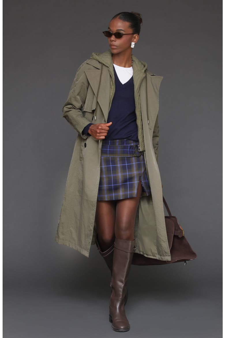 Double Breasted Trench with Hooded Quilted Bib, Alternate, color, SAGE