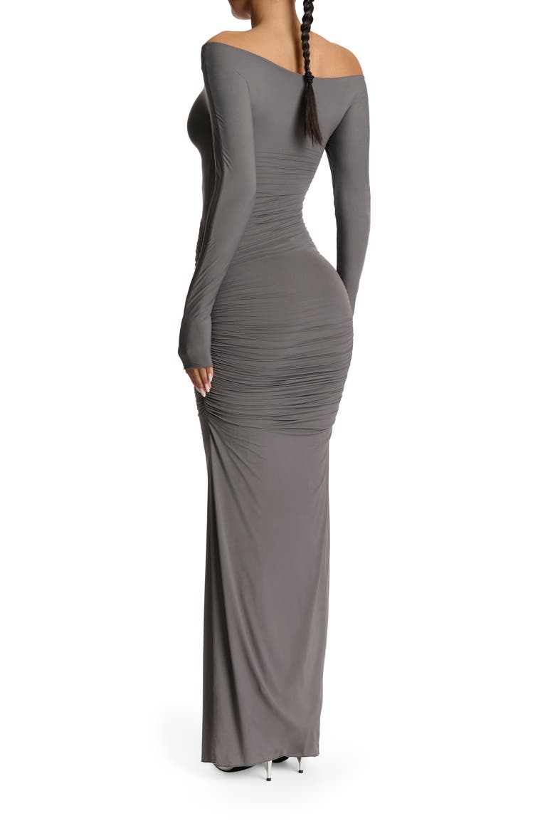 Ruched Off the Shoulder Long Sleeve Maxi Dress, Alternate, color, CHARCOAL