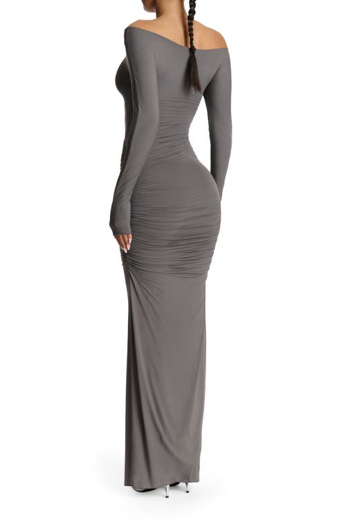Shop Naked Wardrobe Ruched Off The Shoulder Long Sleeve Maxi Dress In Charcoal