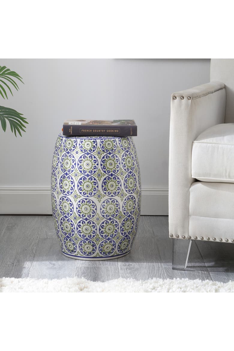 Lula Traditional Floral Chinoiserie Ceramic Drum Garden Stool, Pierced Indoor/Outdoor Patio Seat & Side Table, Alternate, color, Blue/Green