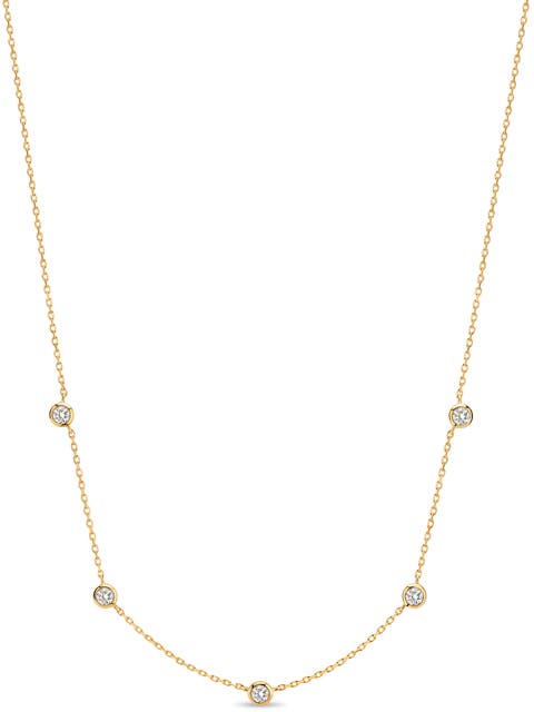 Station Round Bezel Lab Grown Diamond Chain Necklace in 14K Gold, Adj 16/17/18 inch