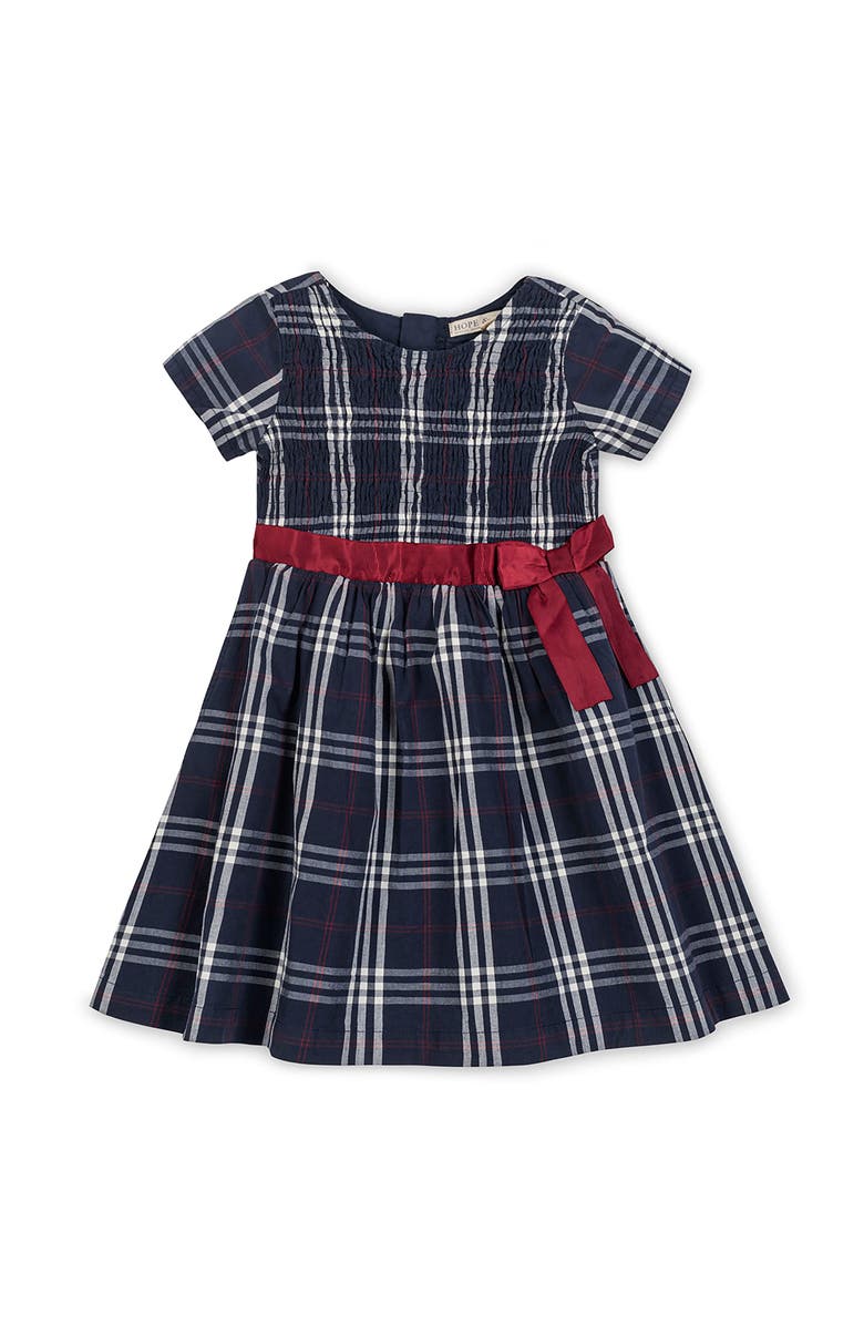 Hope & Henry Kids' Organic Smocked Short Sleeve Poplin Dress, Main, color, First Day Plaid