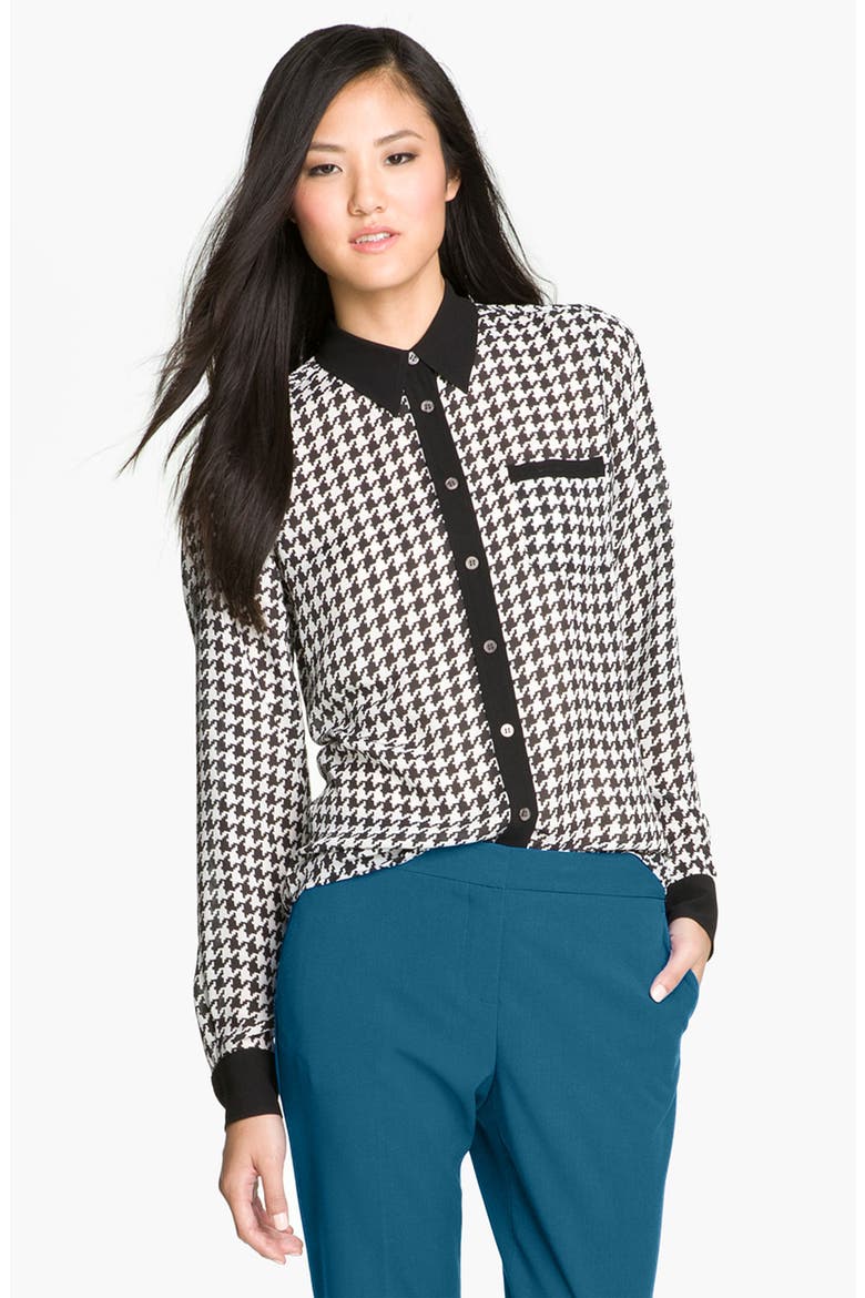 Contrast Trim Houndstooth Blouse, Main, color, RICH BLACK