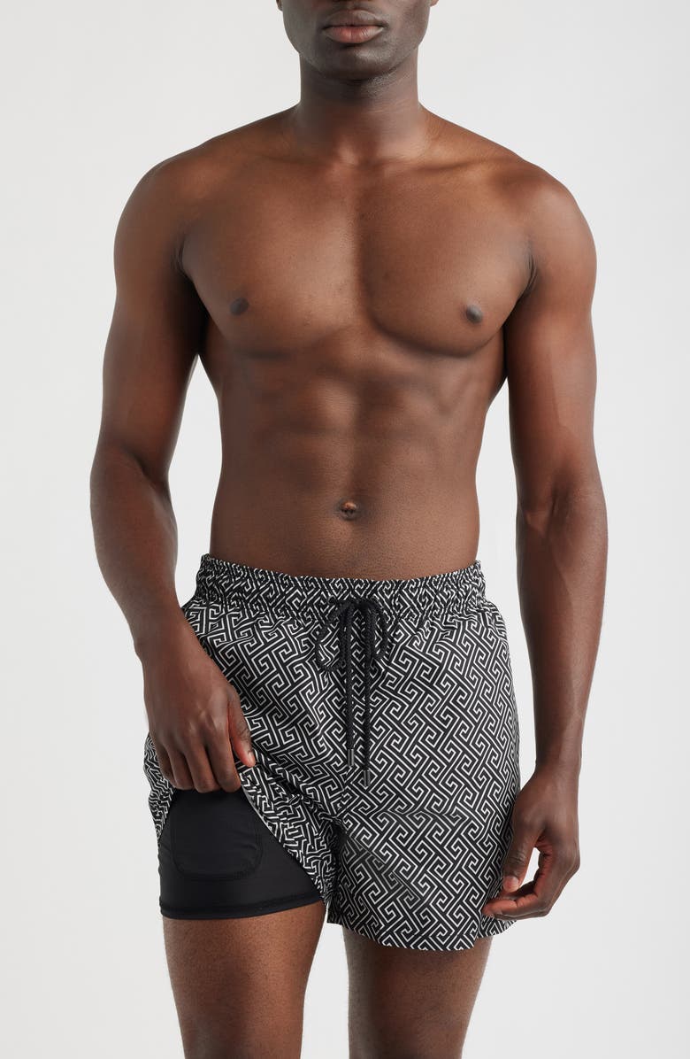 Bugatchi Cruz Print Swim Trunks, Alternate, color, Black
