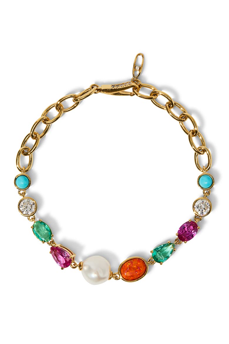 Frieda Cubic Zirconia & Freshwater Pearl Chain Bracelet, Main, color, GOLD