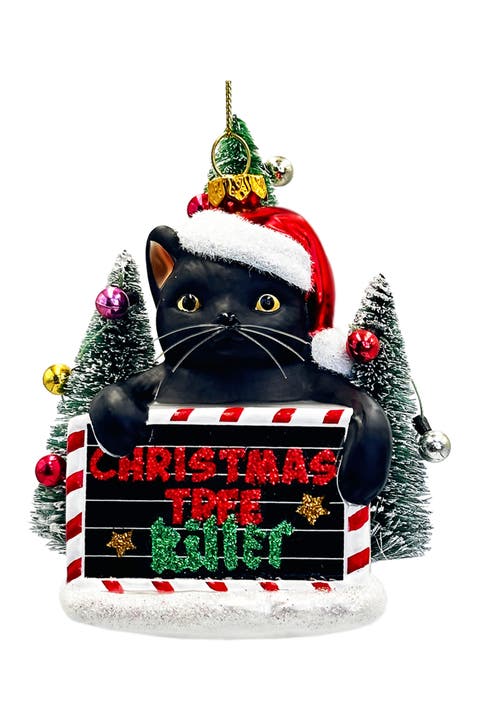 Tree Killer Black Cat Santa Hat Glass Ornament