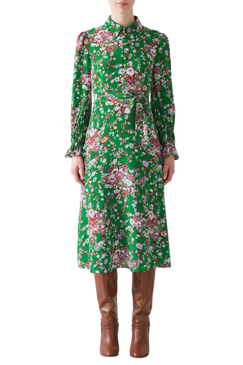 Rita Malachite Floral Print Tie Waist Long Sleeve Silk Shirtdress, Main, color, MALACHITE MULTI