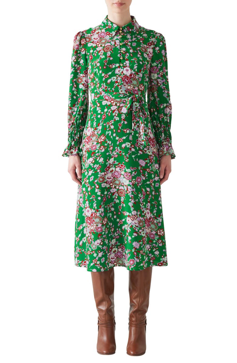 LK Bennett Rita Malachite Floral Print Tie Waist Long Sleeve Silk Shirtdress, Main, color,