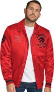 TOMMY JEANS Men's Tommy Jeans Red Toronto Raptors Jacob Chain Stitch Applique Full-Snap Varsity Jacket