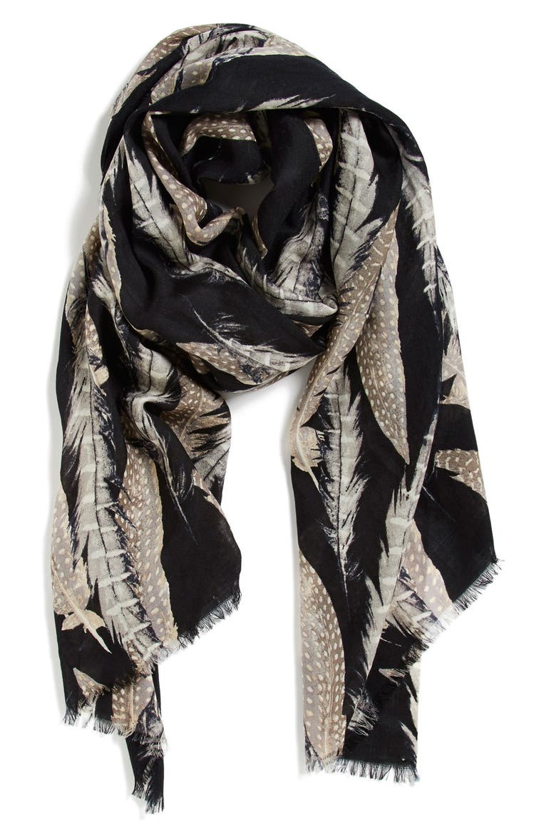 'Quill Challis' Feather Print Wool Scarf, Main, color, BLACK COMBO