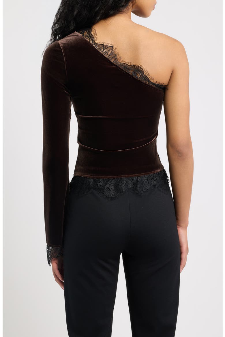 Reliquia Lace Trim One Shoulder Stretch Velvet Top, Alternate, color, CHOCOLAT
