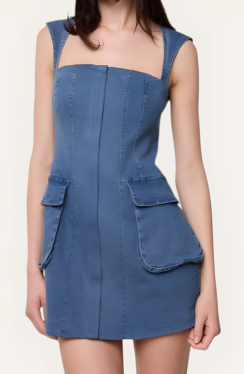 Modenaire Square Neck Denim Mini Dress With Flap Patch Pockets In Blue