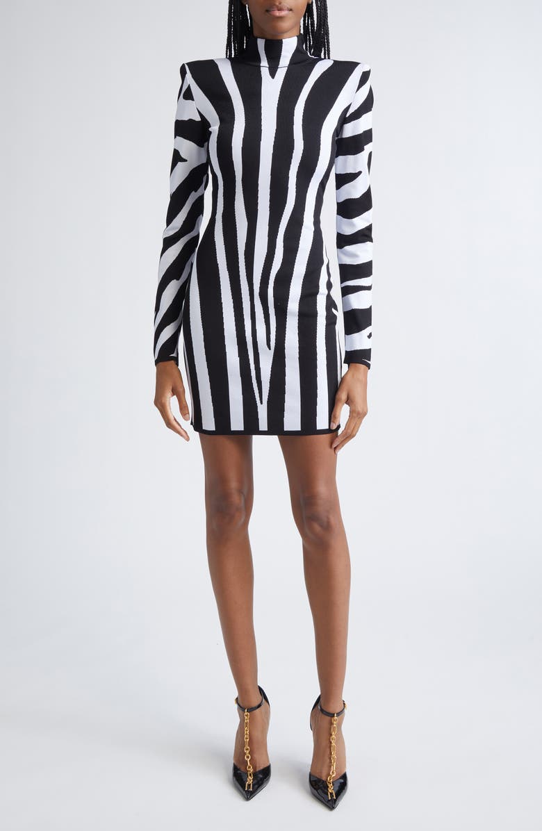 Balmain Long Sleeve Zebra Intarsia Mini Sweater Dress, Main, color, Eab Blk/ White