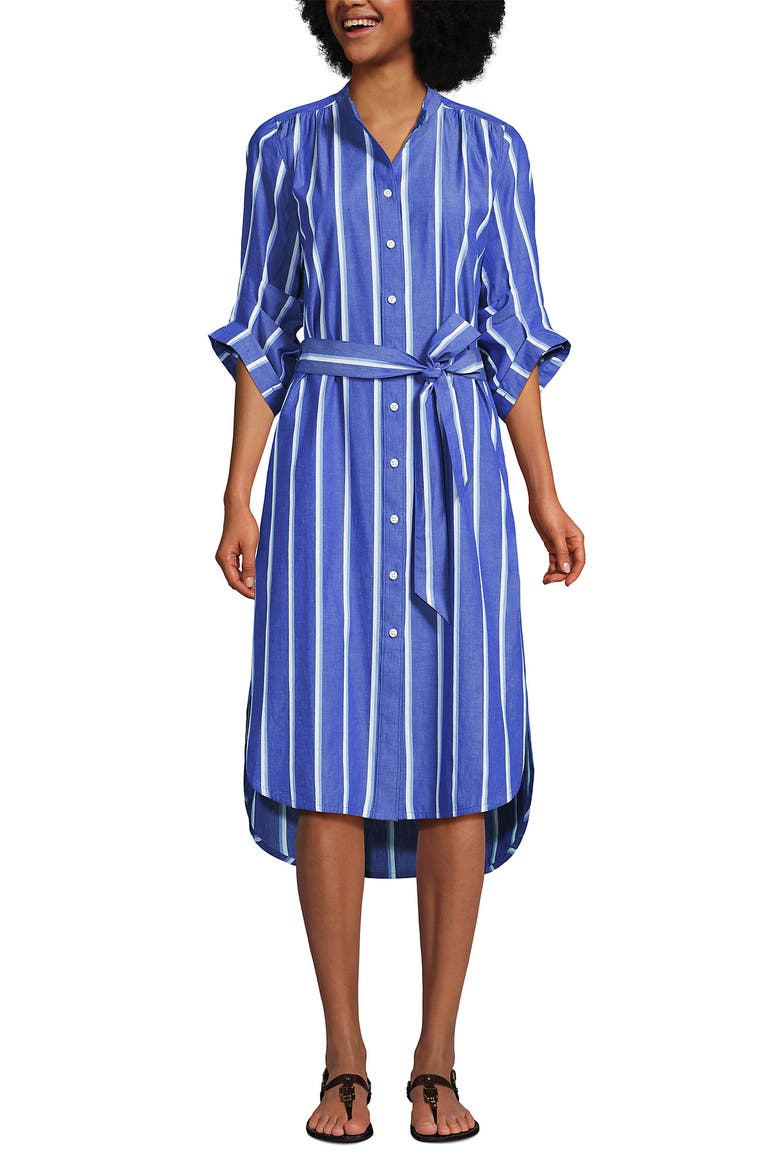Poplin Oversized Puff Sleeve Midi Shirt Dress, Main, color, Blue/White Shadow Stripe