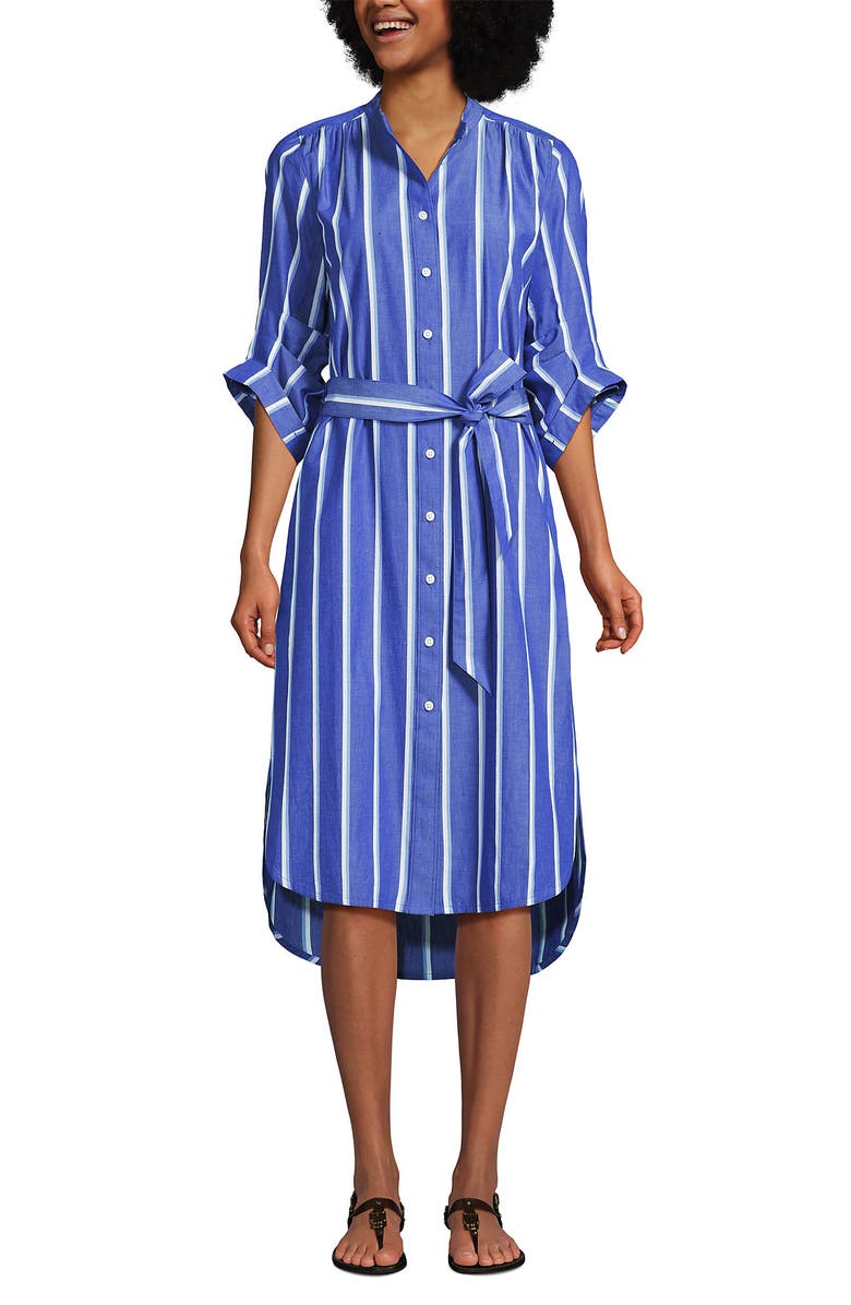 Lands' End Poplin Oversized Puff Sleeve Midi Shirt Dress, Main, color, Blue/White Shadow Stripe
