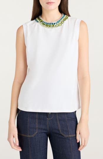 Cinq À Sept Blaine Crystal Embellished Neckline Sleeveless Top In White