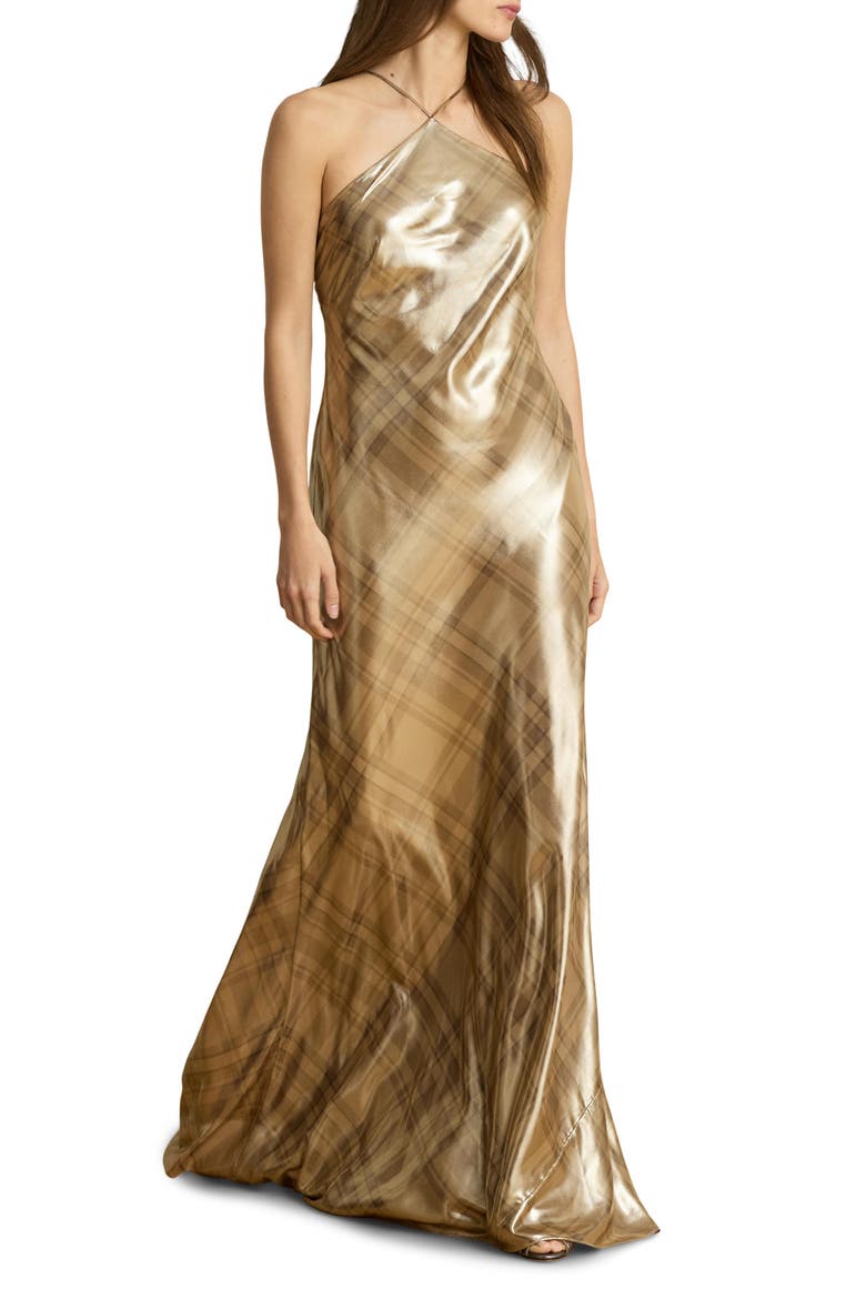 Plaid Metallic Chiffon Halter Neck Gown, Main, color, BROWN/ CAMEL MULTI