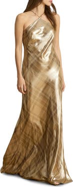 Lauren Ralph Lauren Plaid Metallic Chiffon Halter Neck Gown