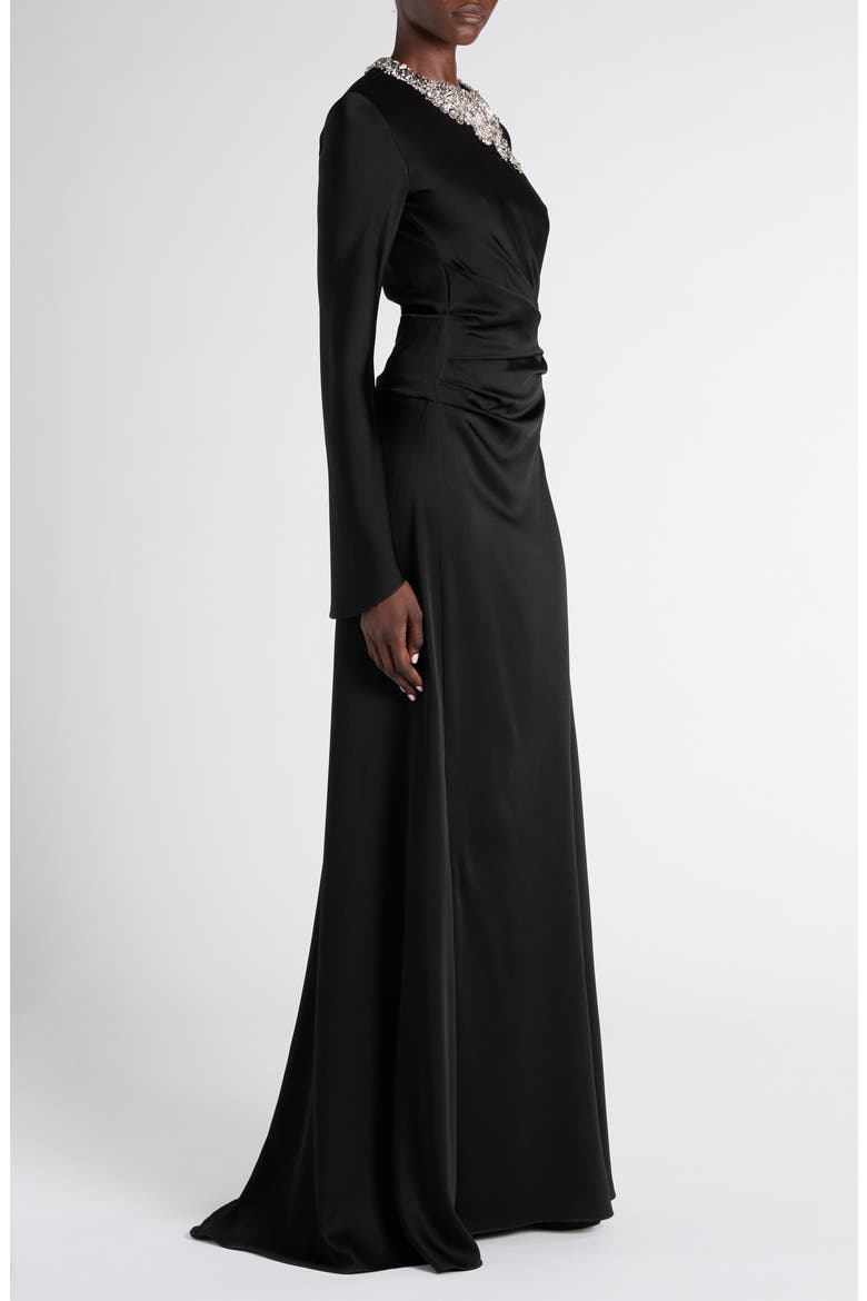 Twisted Crystal Embellished Long Sleeve Gown, Alternate, color, BLACK