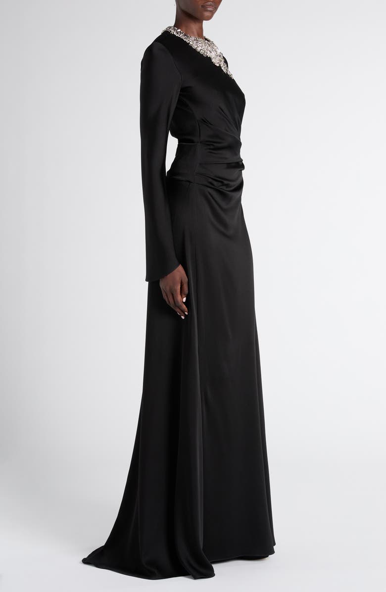 McQueen Twisted Crystal Embellished Long Sleeve Gown, Alternate, color, Black
