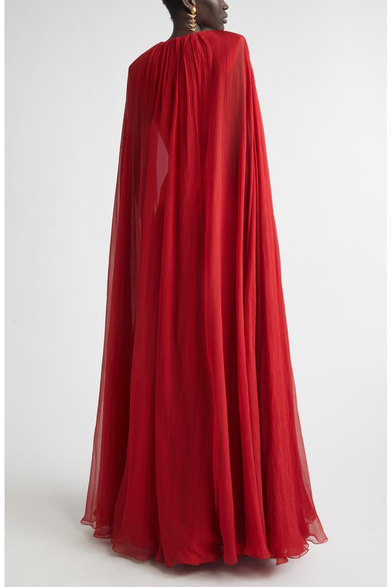 Long Sleeve Silk Crepon Cape Gown, Alternate, color, DARK RED