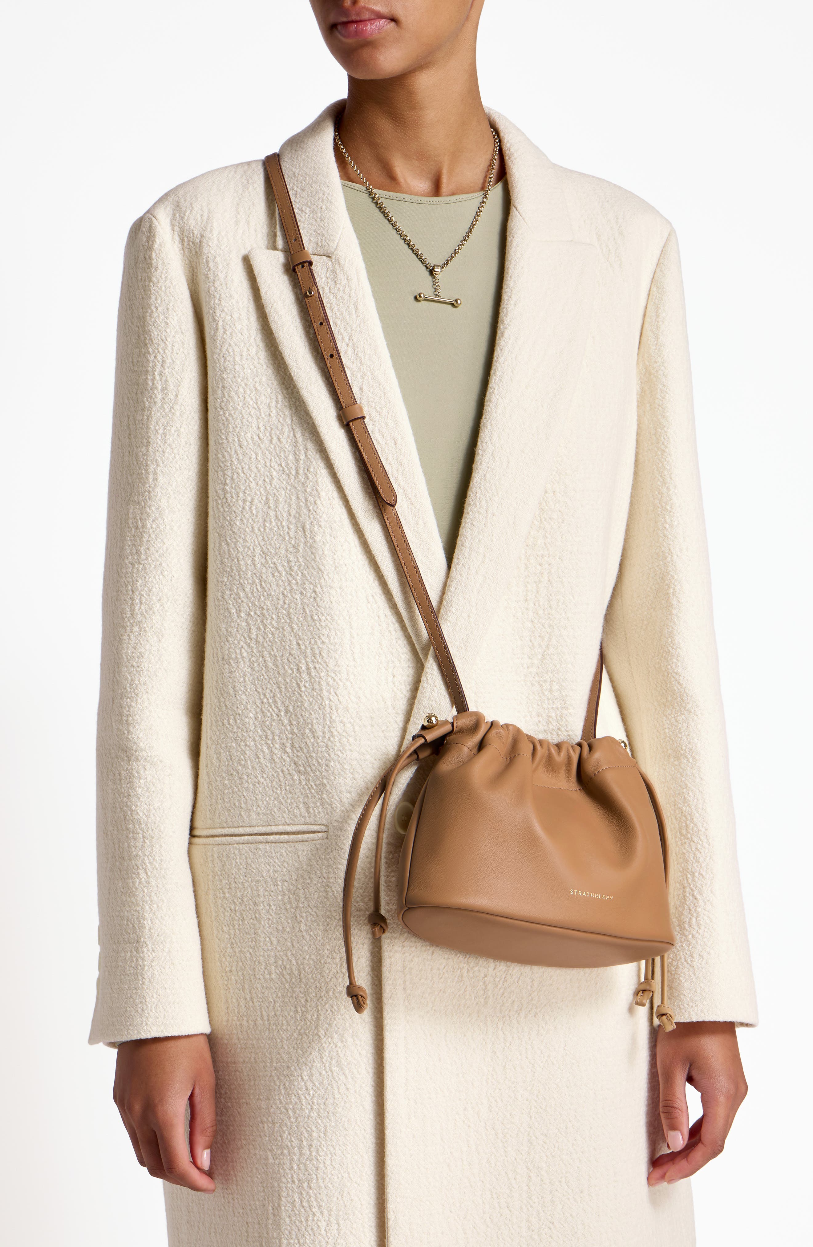 Strathberry Drawstring Soft Napa Leather Drawstring Bucket Bag, Alternate, color, Caramel