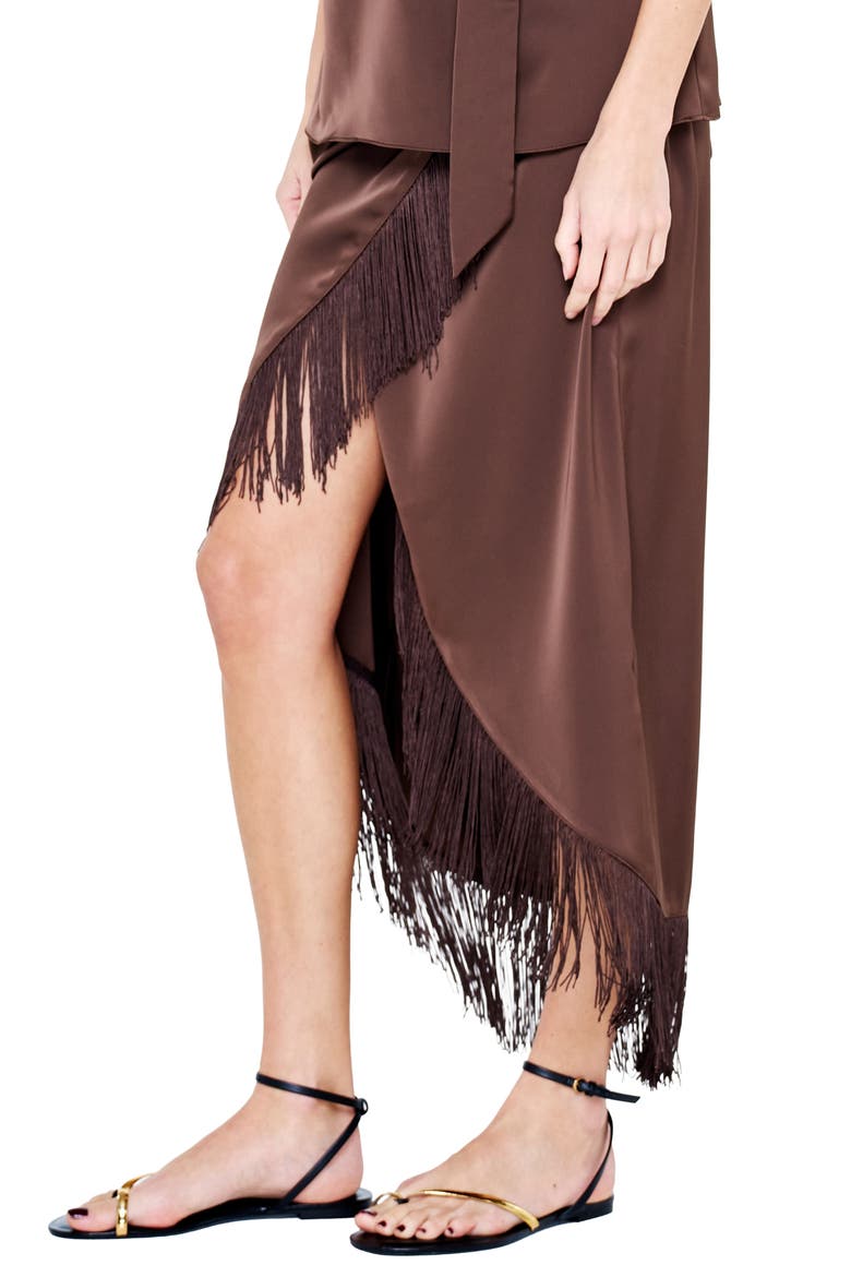 Sana Fringe Trim Satin Midi Skirt, Alternate, color, BROWN