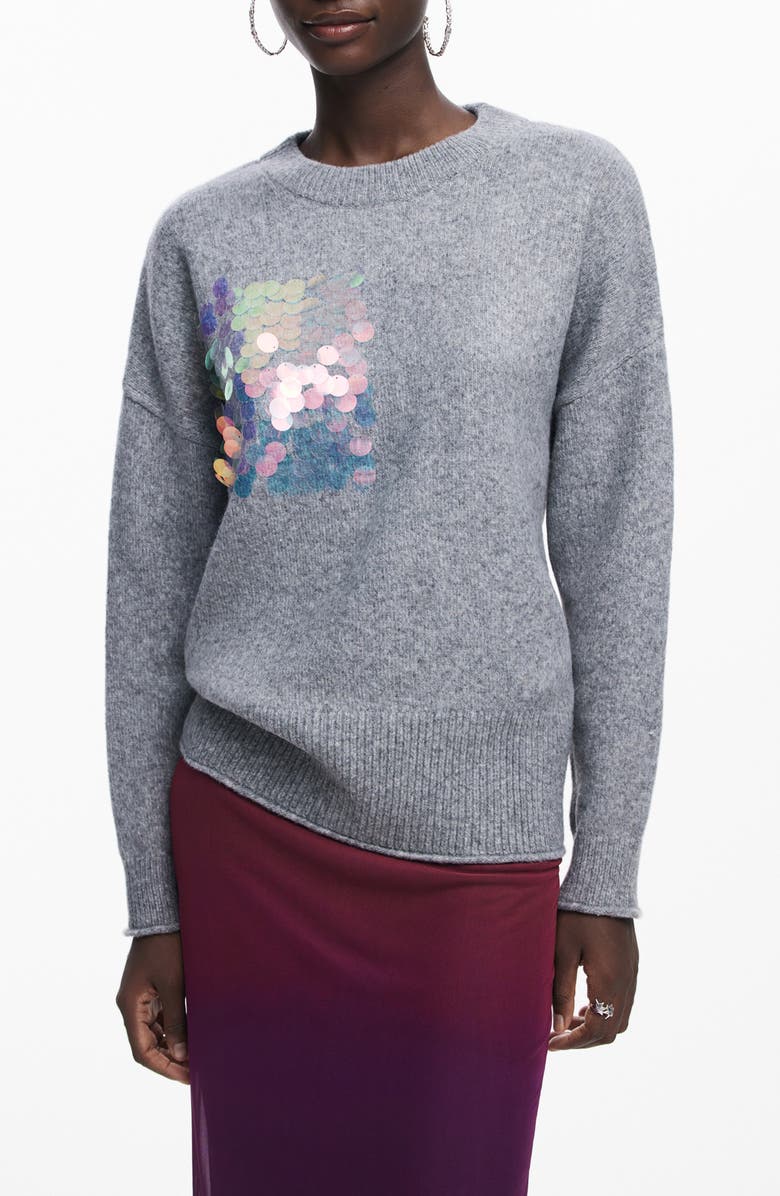 Desigual Smug Sequin Patch Sweater, Main, color, Grey Scale