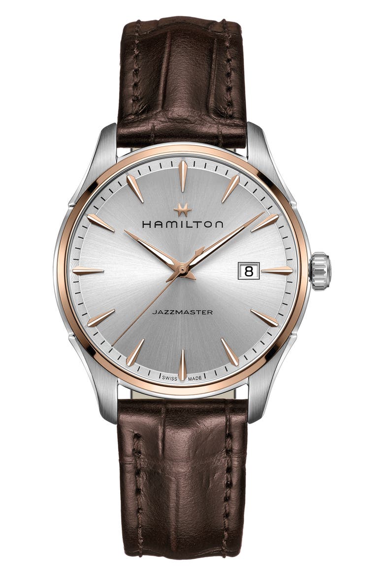 Jazzmaster Gent Leather Strap Watch, 40mm, Main, color, BROWN/ SILVER/ ROSE GOLD