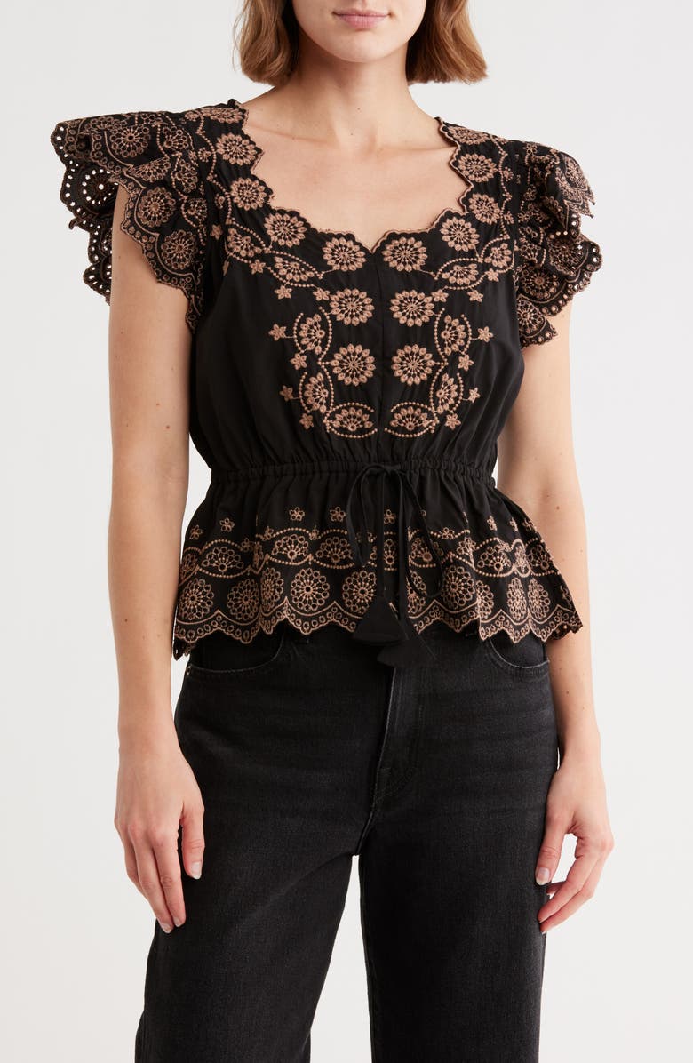 Democracy Embroidered Peplum Ruffle Sleeve Top, Main, color, Black/ Khaki