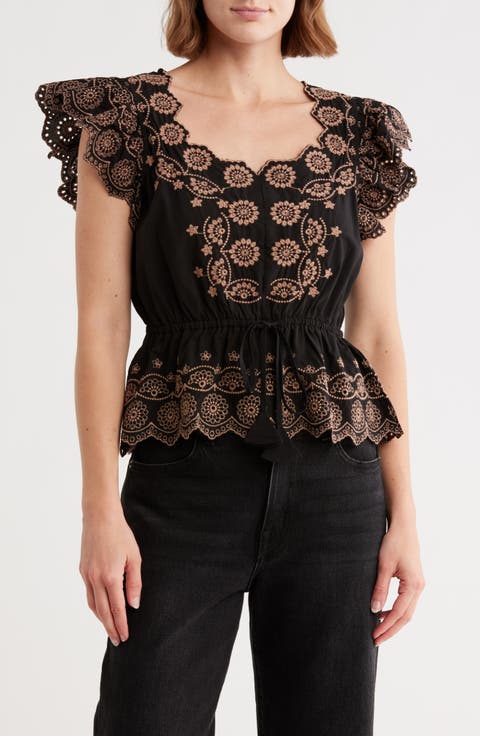 Embroidered Peplum Ruffle Sleeve Top