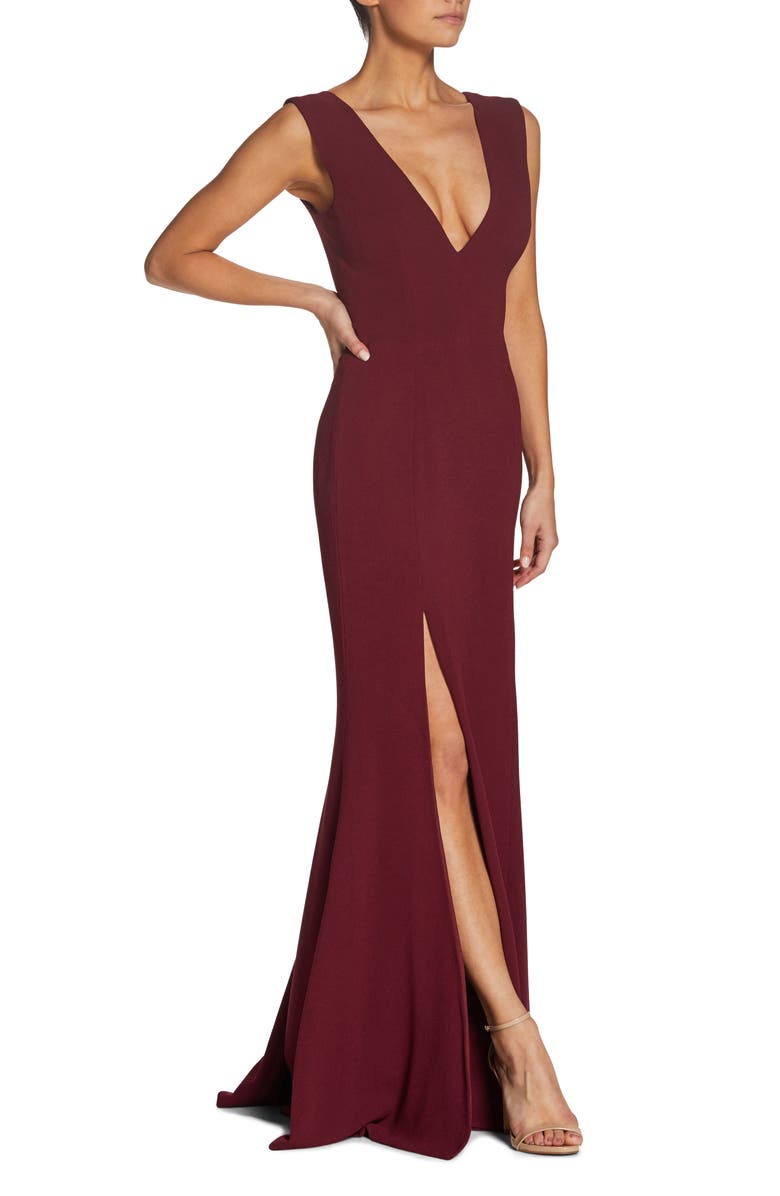Dress the Population Sandra Plunge Crepe Trumpet Gown, Alternate, color, Burgundy