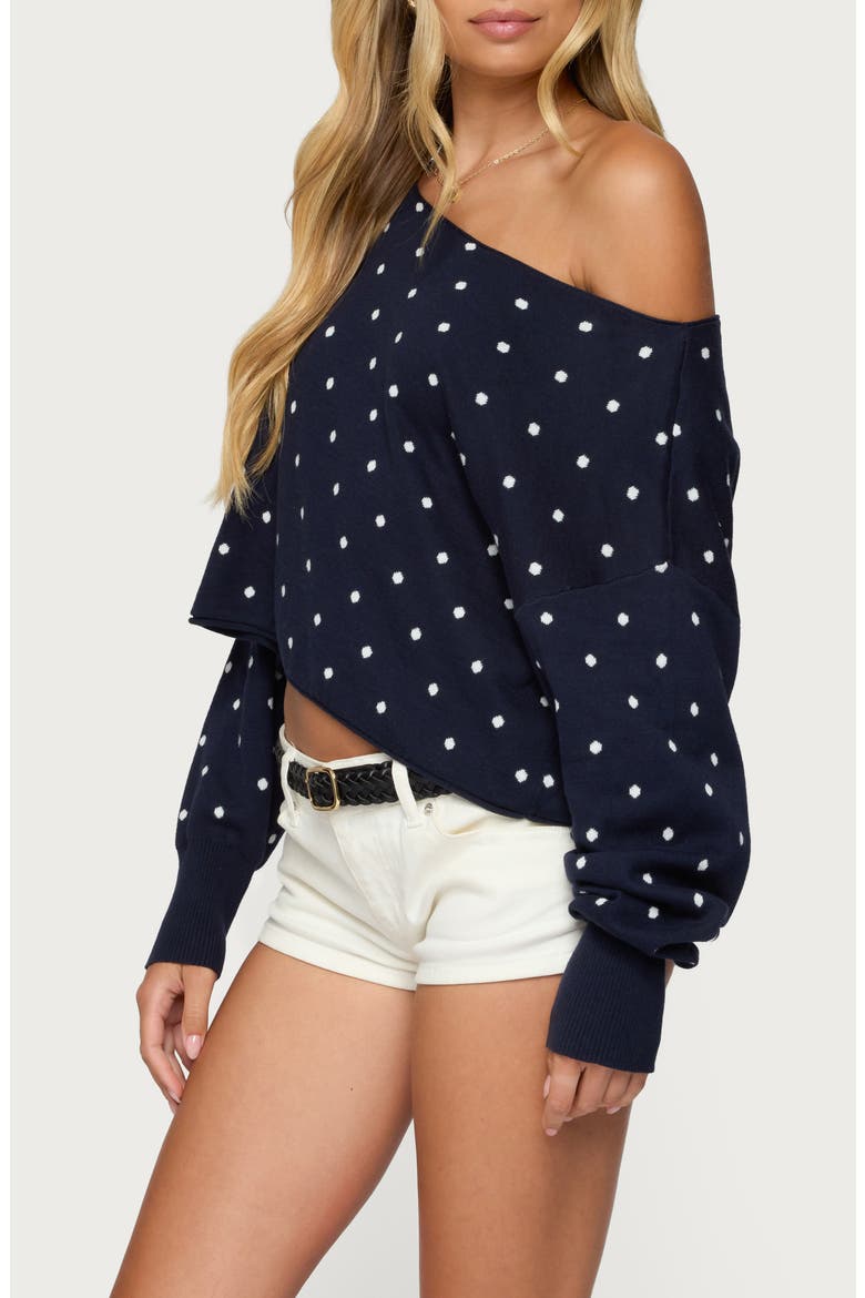 Oversize Off the Shoulder Polka Dot Sweater, Alternate, color, NAVY