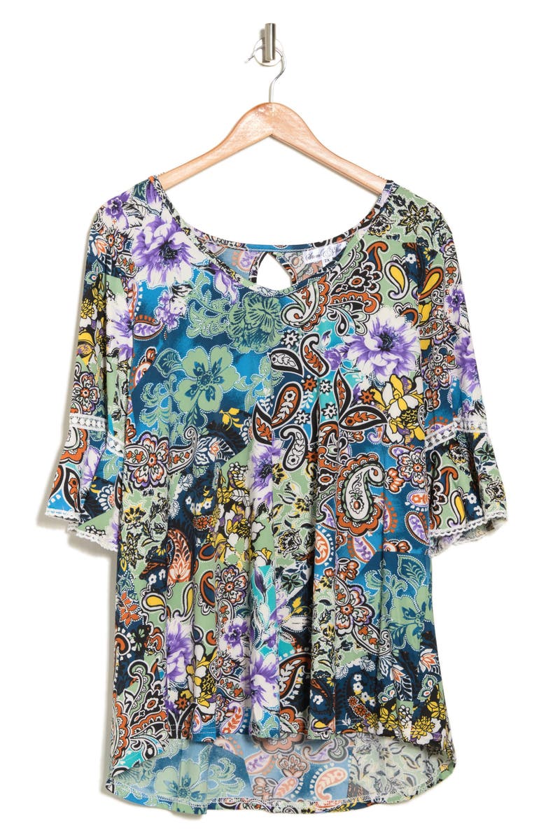 STEM AND VINE Printed Lace Trim Top, Alternate, color, 