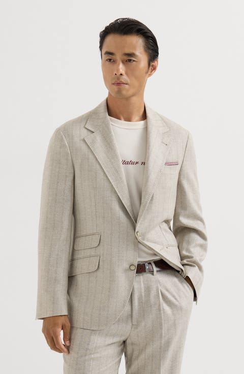 Striped cashmere and silk diagonal flannel deconstructed Cavallo blazer with metal buttons