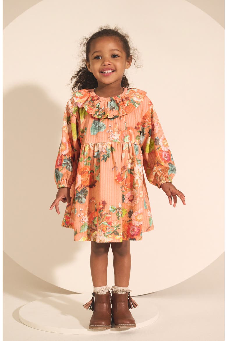 Kids' Floral Long Sleeve Cotton Seersucker Dress, Alternate, color, ORANGE