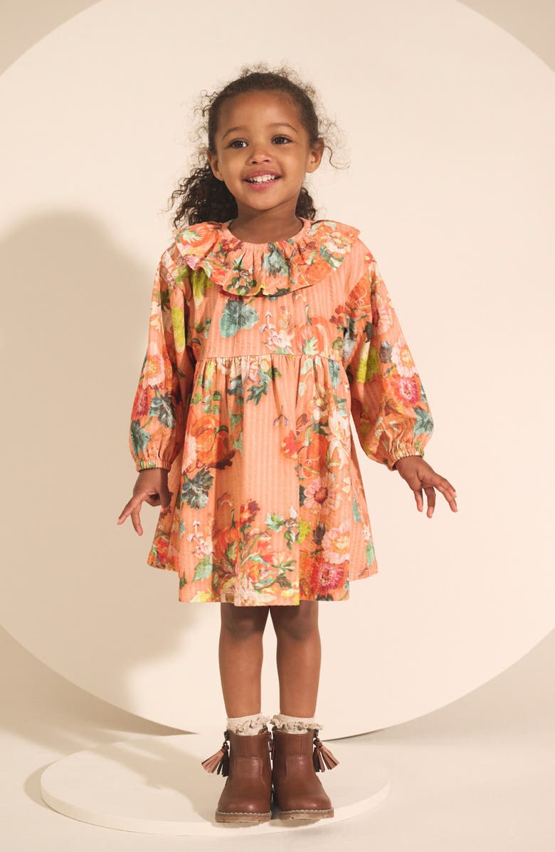 NEXT Kids' Floral Long Sleeve Cotton Seersucker Dress, Alternate, color, Orange